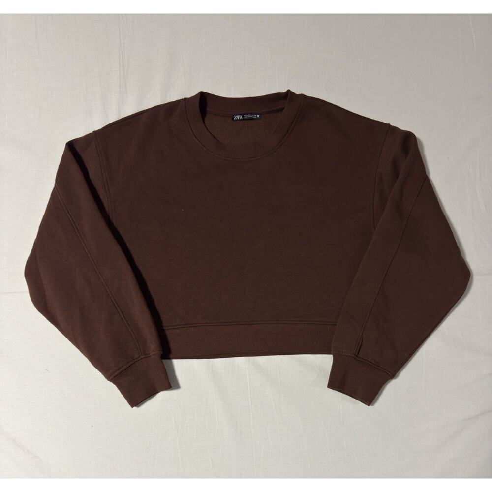 ZARA Women's Cropped Crewneck Sweatshirt Brown Pullover Size S
